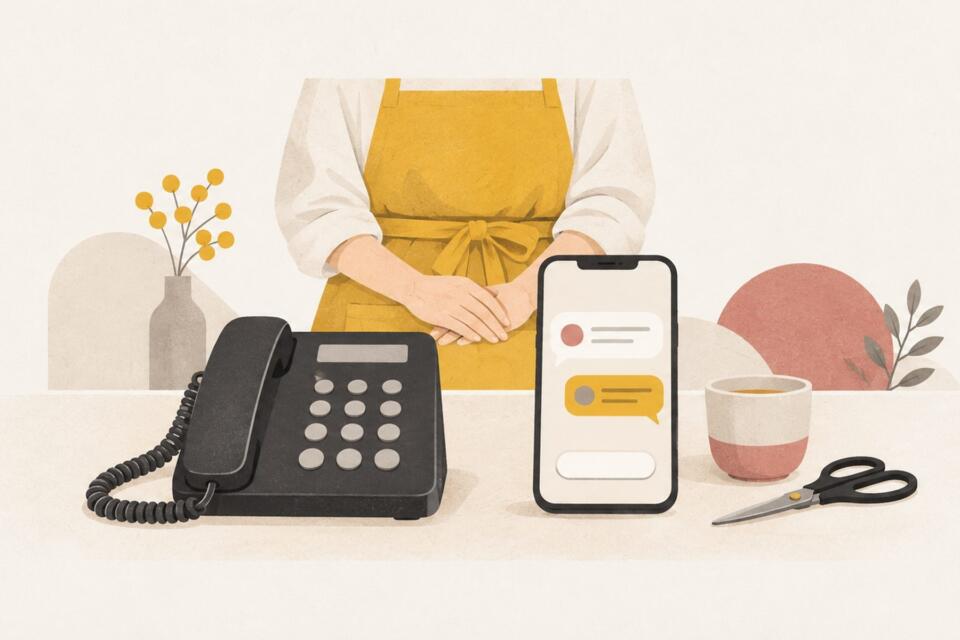 店主の前に置かれた固定電話と、チャット画面を表示したスマートフォンのイラスト