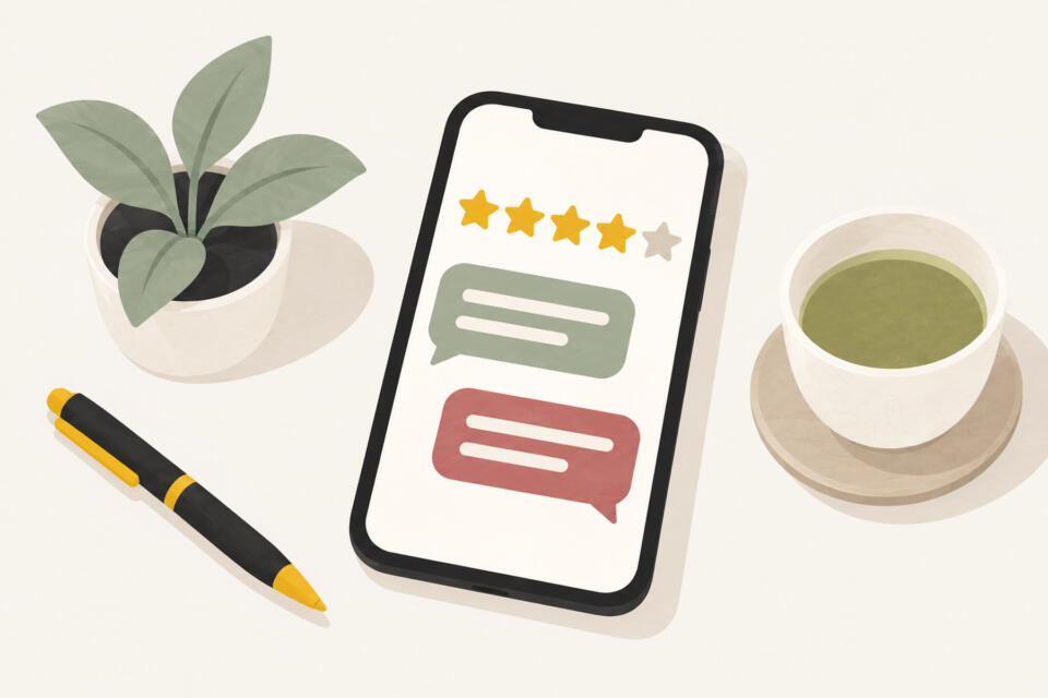 スマートフォンに表示された口コミの吹き出しと、それに返事を書いている手元、星のマーク、店のカウンターのイラスト